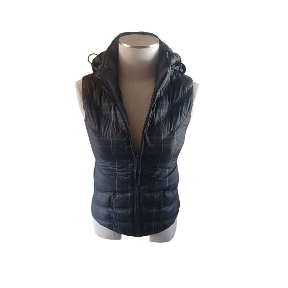 Patagonia puffer vest xs blue grey black Plaid removable hood down with it